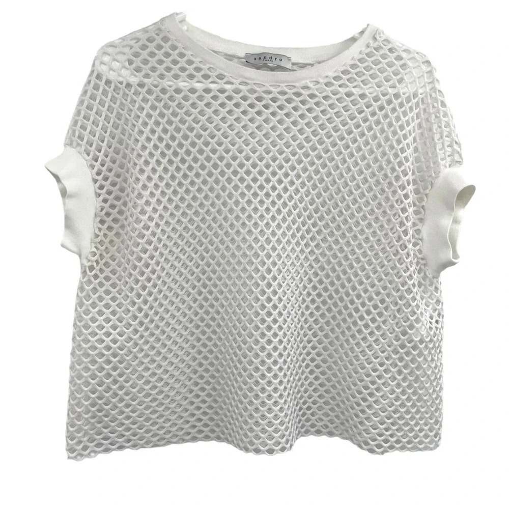 Sandro Paris Women's Sleeveless Mesh Netted White Shirt Top Sz 1 Bonded Sleeves